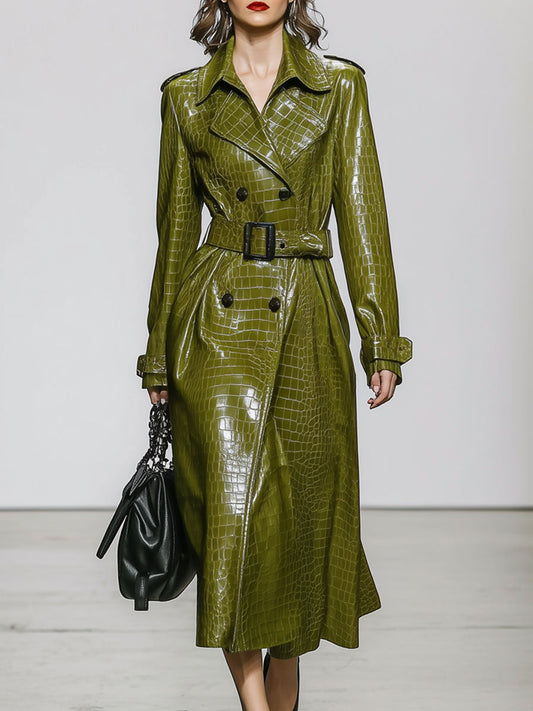 Vintage Faux Leather Crocodile Pattern Moss Green Lace-Up Trench Coat