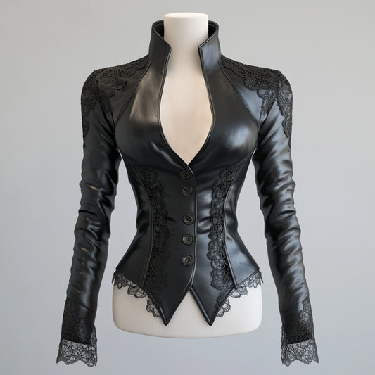Ursime PU Leather Stand Collar Button Lace Trim Jacket