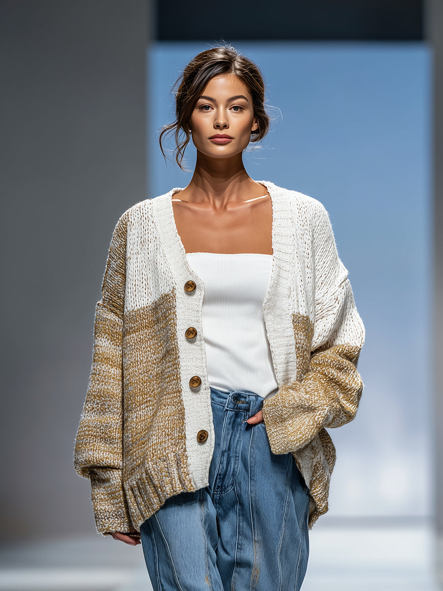 Brown Knitted And White Button Cardigan