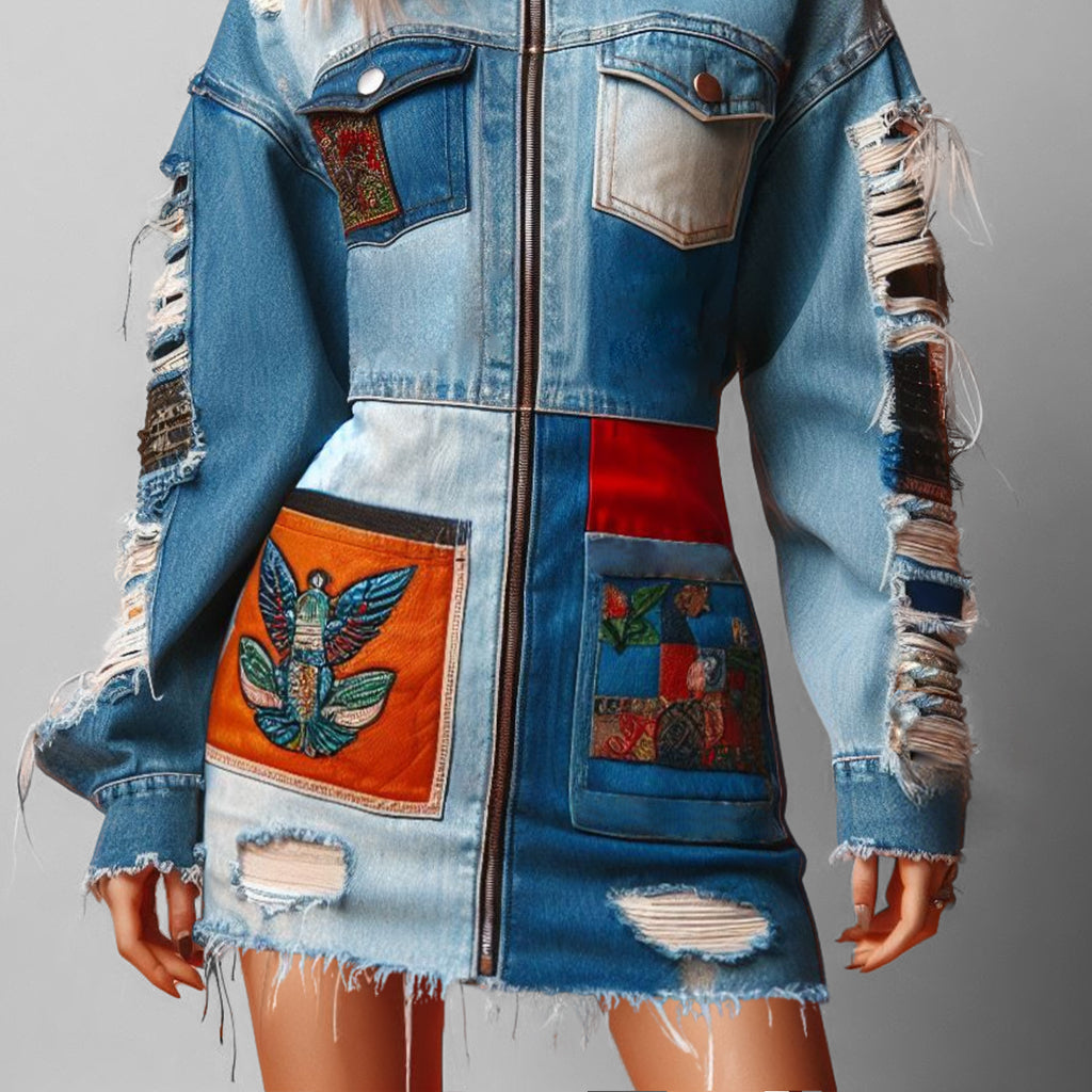 Fashion Patchwork Denim Ripped Chest Pockets Zip Up Mini Dress