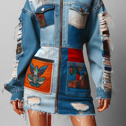 Fashion Patchwork Denim Ripped Chest Pockets Zip Up Mini Dress