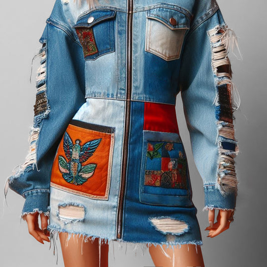 Fashion Patchwork Denim Ripped Chest Pockets Zip Up Mini Dress
