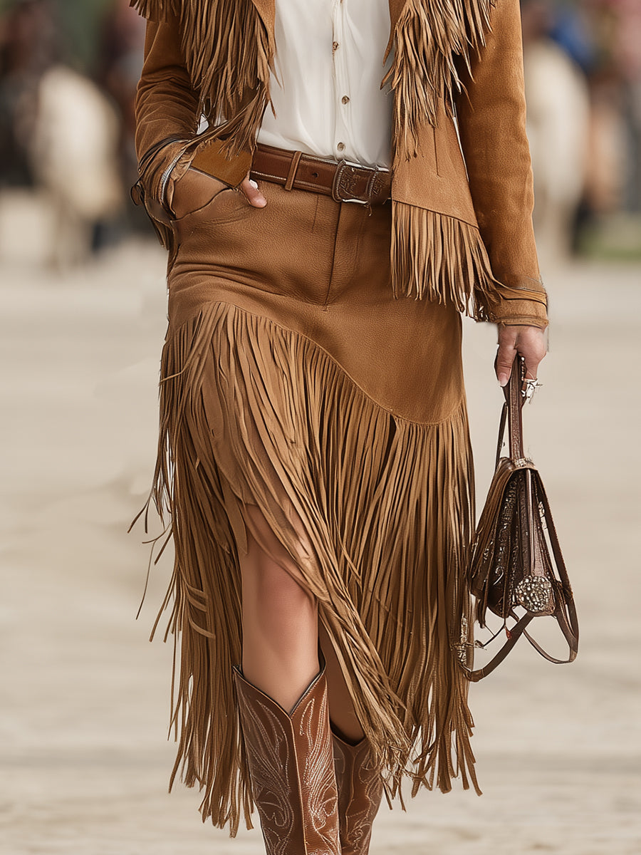 Retro Western Brown Tassel Jacket And Tassel Skirt Set