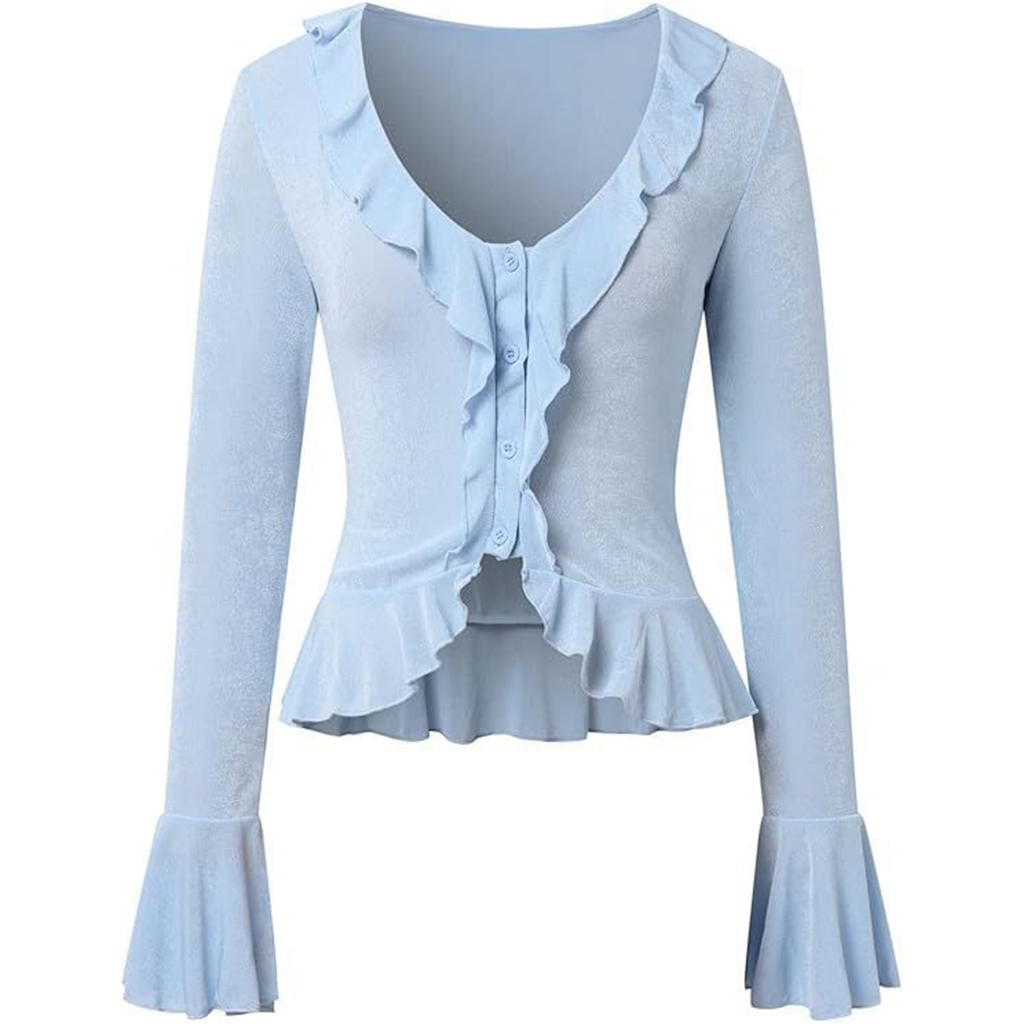Casual Ruffled V Neck Button Flare Sleeve Knit Crop Blouse