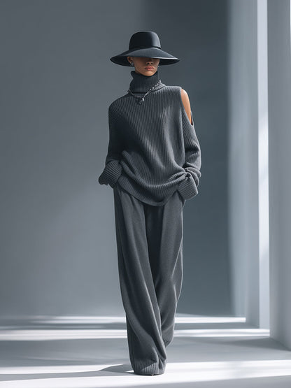 Old Money Style Off-the-shoulder Turtleneck Sweater Wide-leg Pants Dark Gray Knitted Set