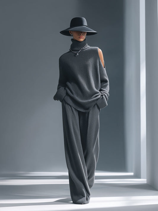 Old Money Style Off-the-shoulder Turtleneck Sweater Wide-leg Pants Dark Gray Knitted Set