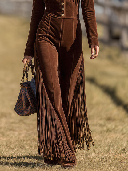 Western Retro Cocoa Brown Suede Long Sleeve Wide Leg Tassel Jumpsuit
