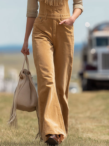 Western Vintage Camel Suede Tassel Wide-Leg Overalls
