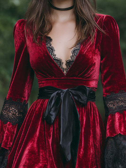 Retro V-neck Velvet Stitching Lace Long-sleeved Lace Mini Dress