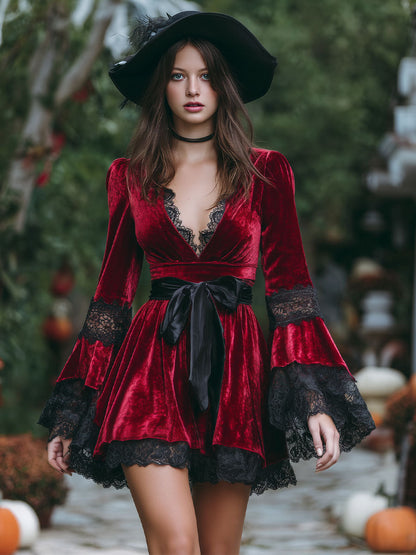 Retro V-neck Velvet Stitching Lace Long-sleeved Lace Mini Dress
