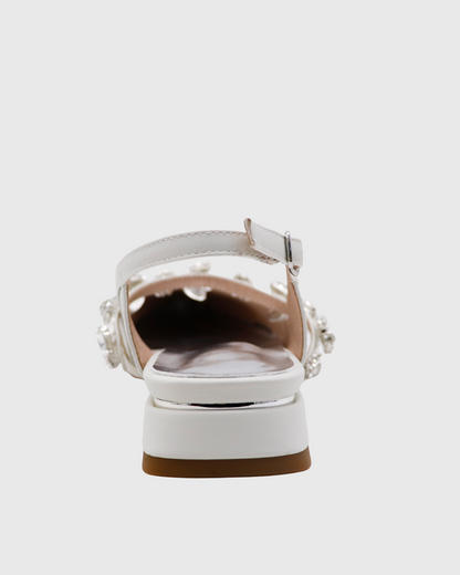 Nerina Rhinestone Strap Leather Flats In White
