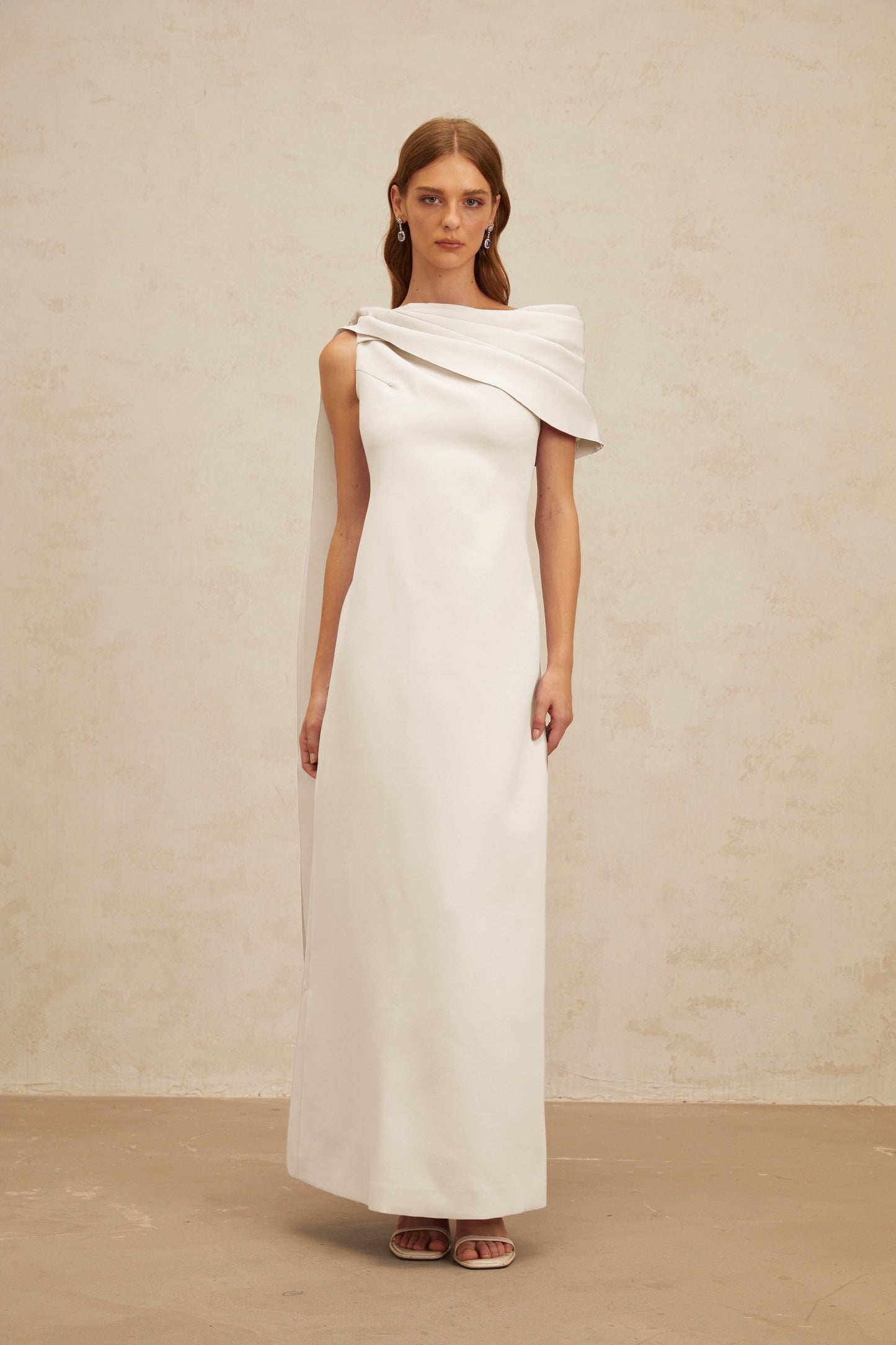 Annabelle White Cape-Design Ribbon Maxi Dress