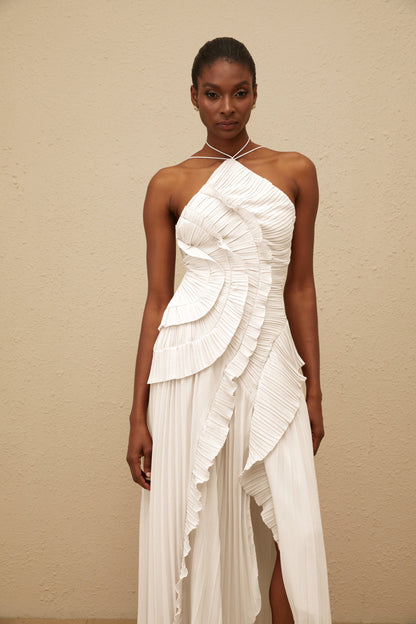 Doux White Ruffled Trim Pleated Midi Dress