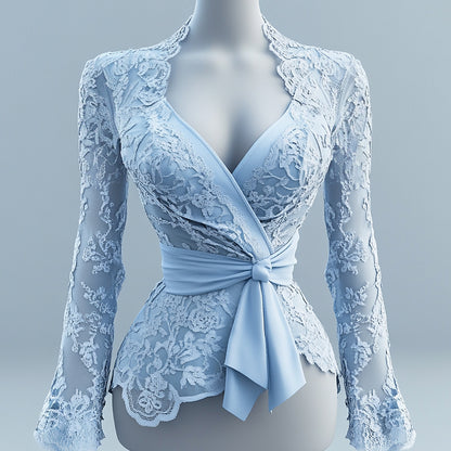 Ursime Lace Wrap V Neck Long Sleeve Irregular Hem Blouse