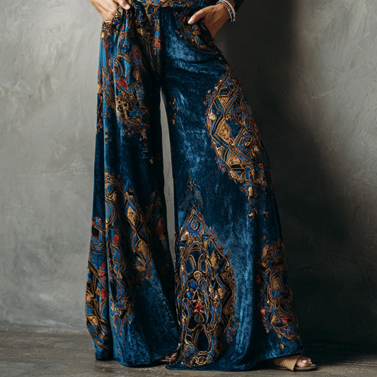 Ursime Velvet Ethnic Print High Rise Slant Pocket Wide Leg Pants