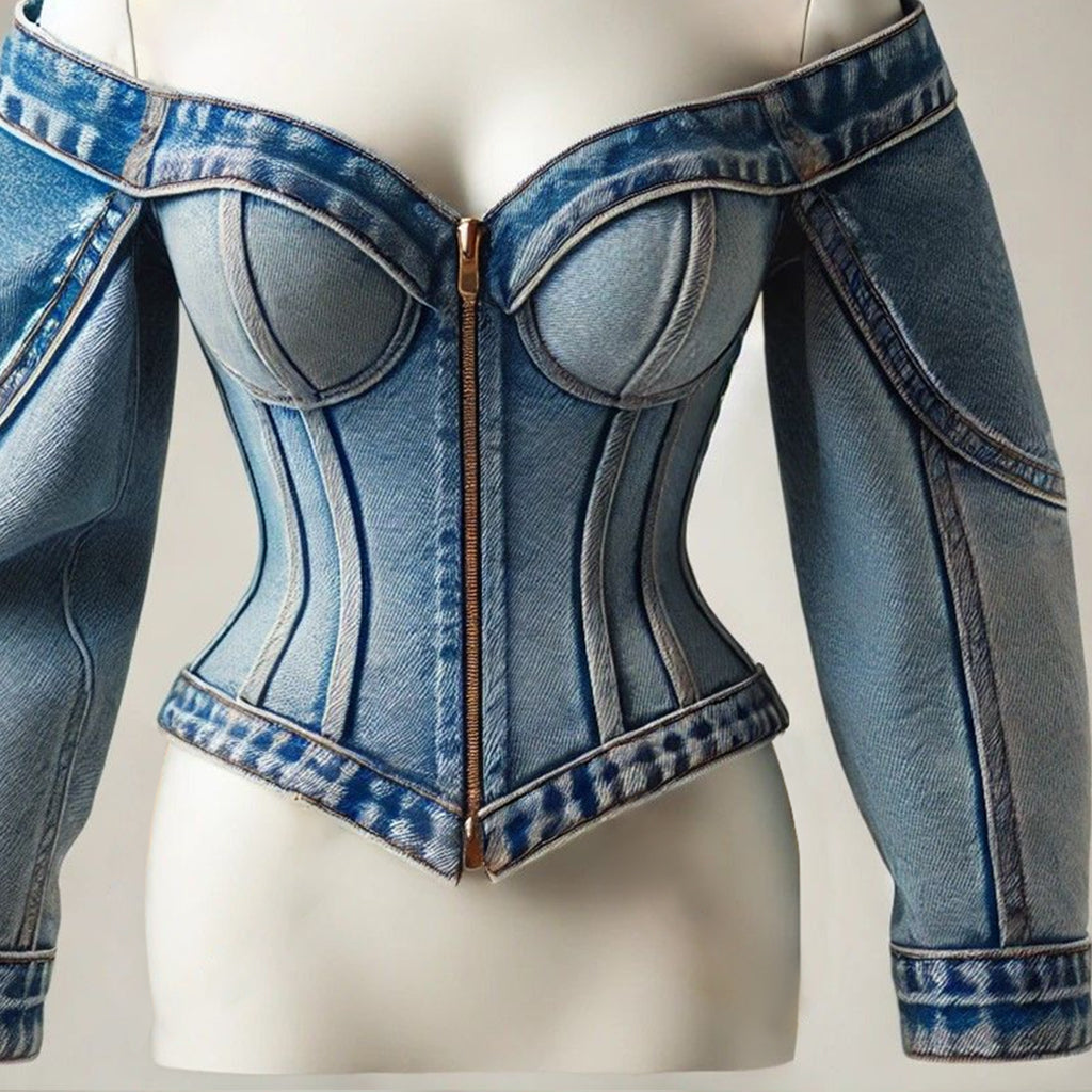 Ursime Denim Off The Shoulder Zip Up Long Sleeve Blouse