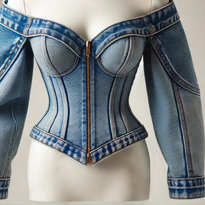 Ursime Denim Off The Shoulder Zip Up Long Sleeve Blouse
