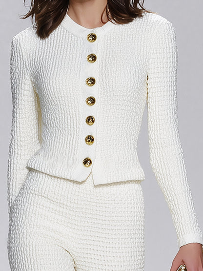 White Woolen Round-neck Button-down Jacket And Wide-leg Pants Set