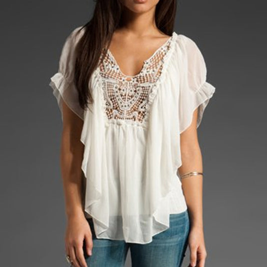 Casual Crochet Hollow Out V Neck Ruffle Sleeve Blouse
