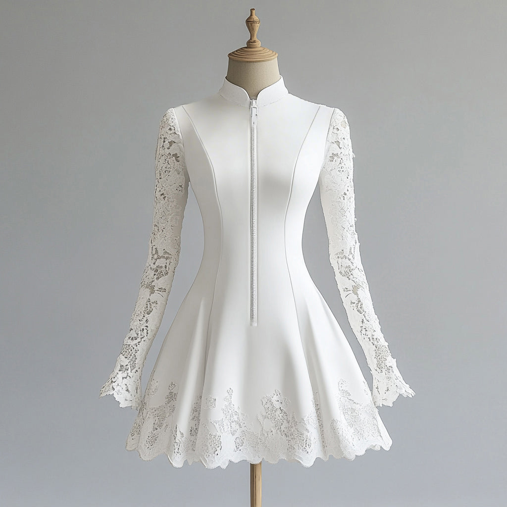 Ursime Stand Collar Lace Patchwork Long Sleeve Zipper Mini Dress