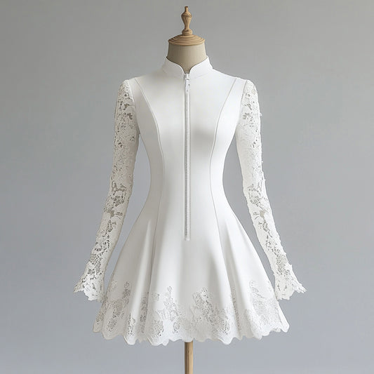 Ursime Stand Collar Lace Patchwork Long Sleeve Zipper Mini Dress