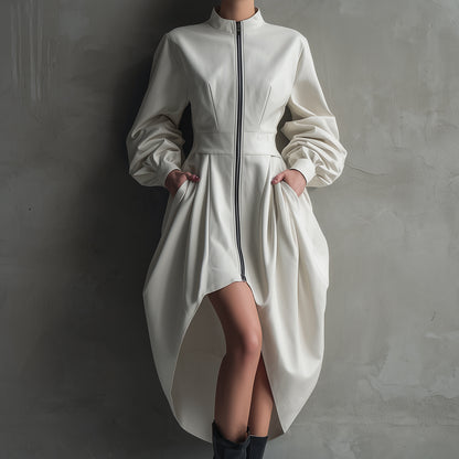 Ursime PU Lantern Sleeve Pockets Zipper High-Low Hem Midi Dress