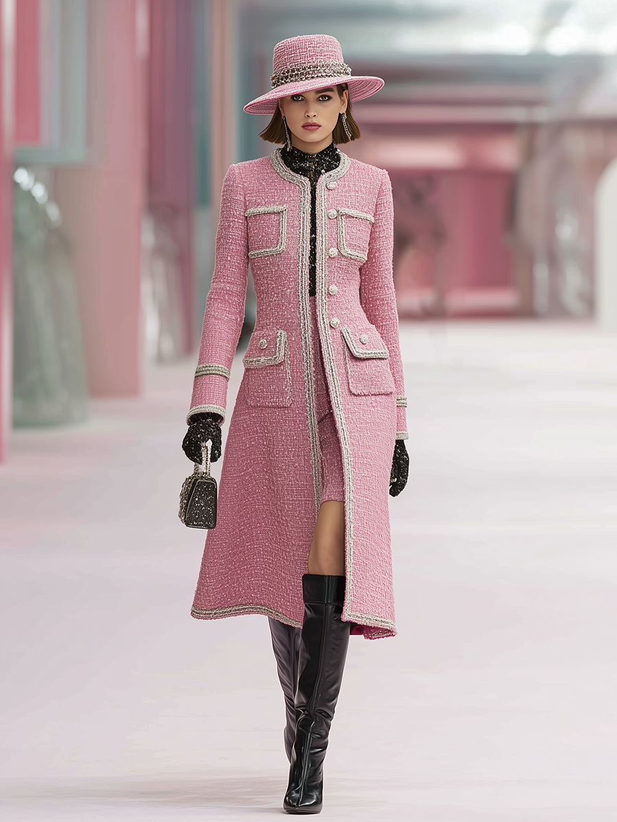 Vintage Silver Trim Tweed Mid-Length Coat