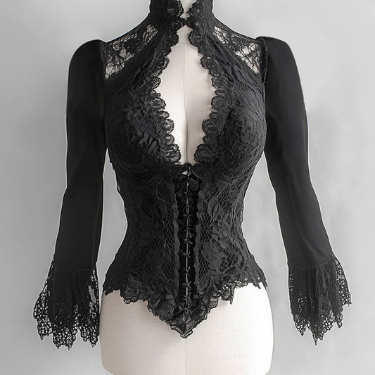Ursime Lace See-Through Stand Collar Cut Out Flare Sleeve Blouse