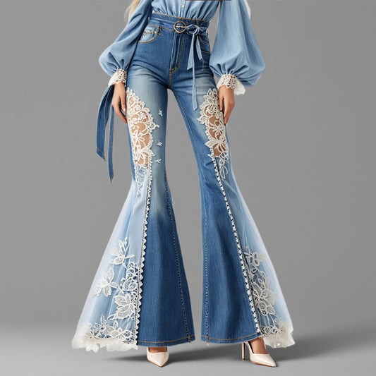 Ursime Lace Patchwork High Rise Denim Bell Bottom Jeans