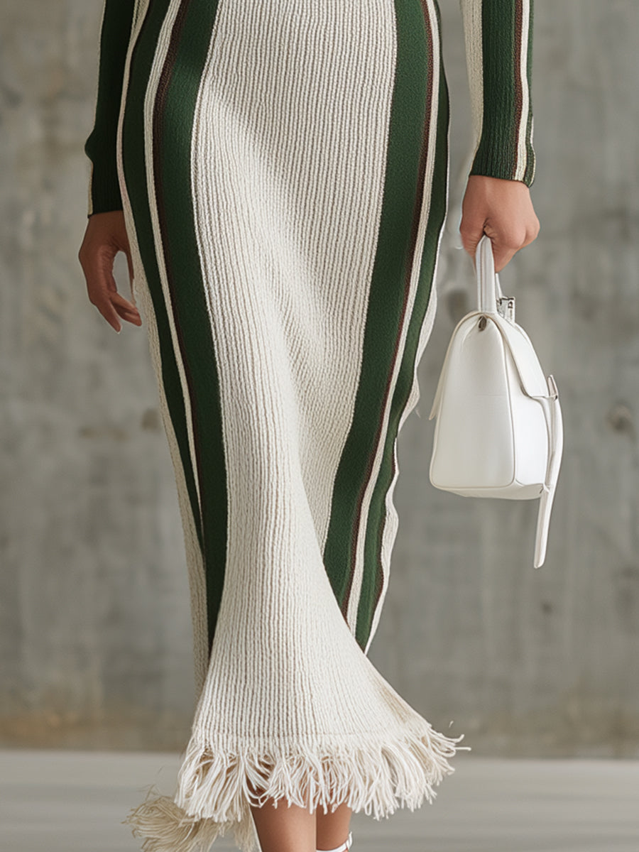 White And Green Contrast Zipper Tassel Maxi Dress