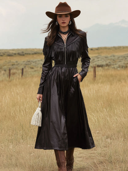 Black Faux Leather Tassel A-line Midi Dress