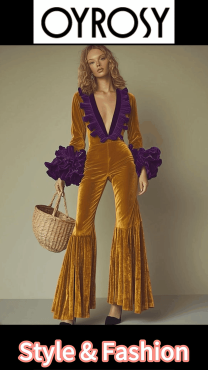 Fashion Party Purple Ruffle Long Sleeve Flared Gold Velvet Jumpsuit