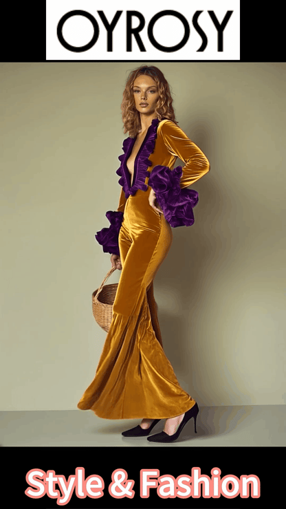 Fashion Party Purple Ruffle Long Sleeve Flared Gold Velvet Jumpsuit