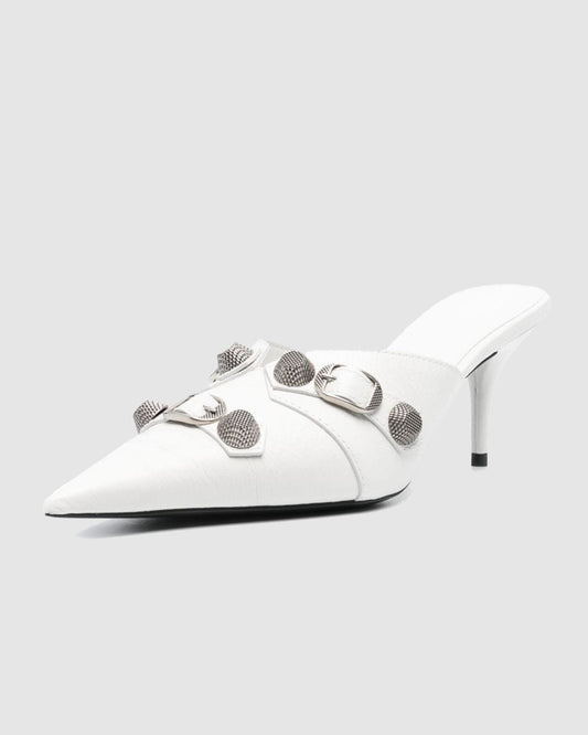 Afra Rivet Embellished Leather Mules In White