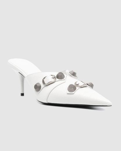 Afra Rivet Embellished Leather Mules In White