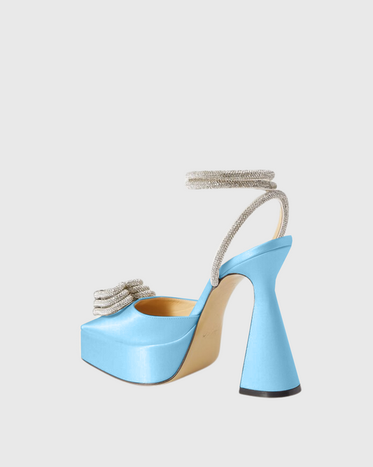 Ambra Crystal Heart Strap Platform Flared Heels In Sky