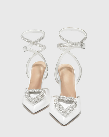 Ambra Crystal Heart Strap Pumps In White
