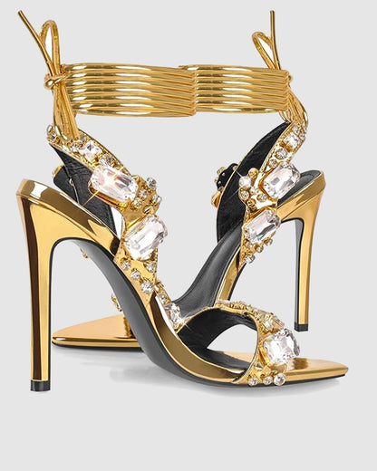 Aurora Rhinestone Lace Up Sandals In Gold