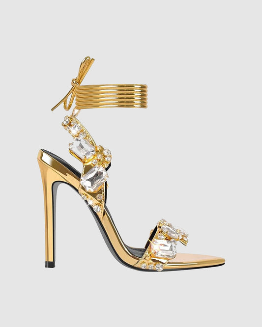 Aurora Rhinestone Lace Up Sandals In Gold