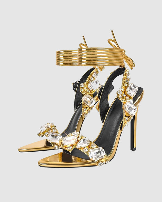 Aurora Rhinestone Lace Up Sandals In Gold