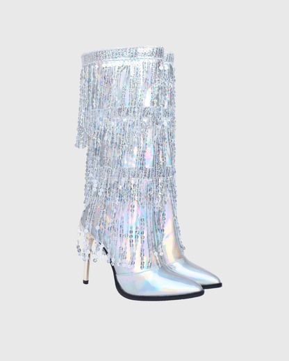 Aya Diamond Fringe Knee High Boots In laser