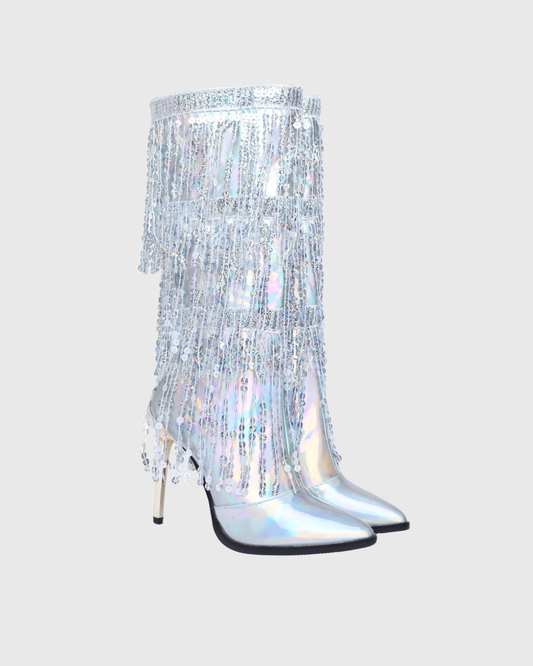 Aya Diamond Fringe Knee High Boots In laser