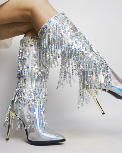 Aya Diamond Fringe Knee High Boots In laser