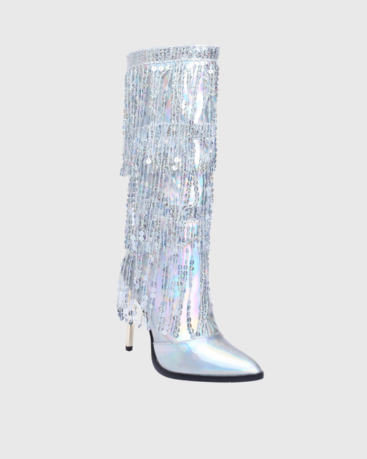 Aya Diamond Fringe Knee High Boots In laser