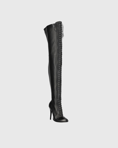 Balbina Leather Lace Up Over The Knee Boots In All Black