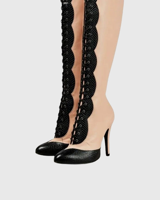 Balbina Leather Lace Up Over The Knee Boots In Apricot