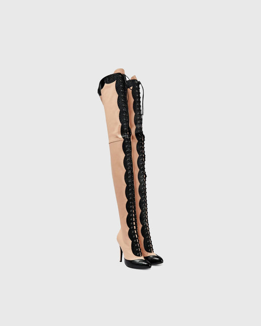 Balbina Leather Lace Up Over The Knee Boots In Apricot