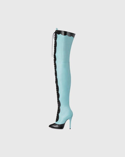 Balbina Leather Lace Up Over The Knee Boots In Sky