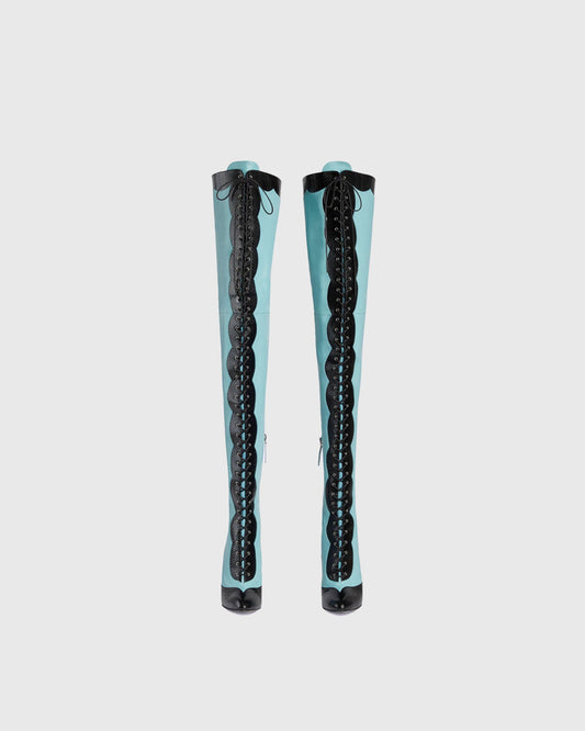 Balbina Leather Lace Up Over The Knee Boots In Sky
