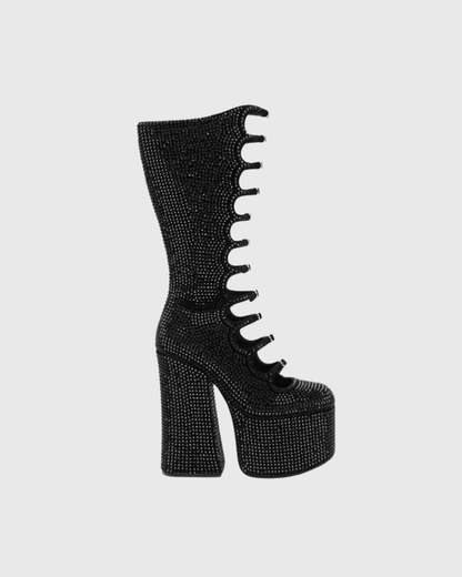 Barbara Rhinestone Cutout Platform Knee High Boots